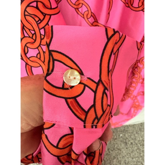 SundayUp Pink Chain Print Long Sleeve Collared Midi Dress L - Picture 7 of 9